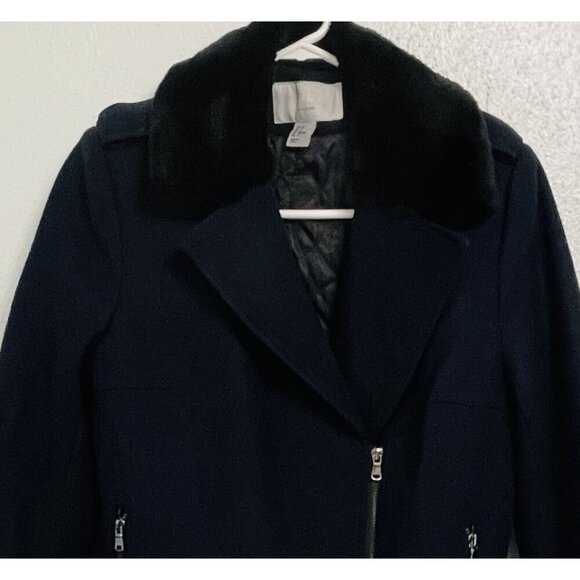 H & M Wool Blend Coat Size 6 Navy Side Zip Pockets Off-set Front Zipper (U5) - Picture 5 of 6